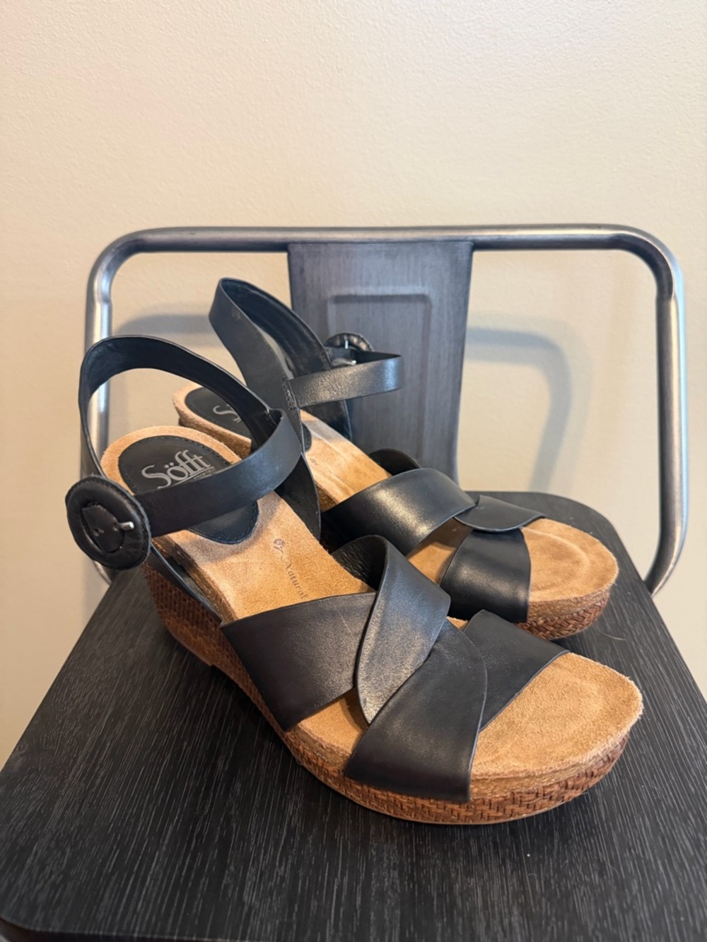 Sofft Black Leather Espadrille Wedge Sandals